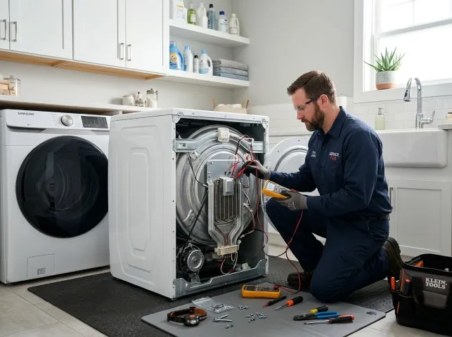 Appliance Repair Hero technician checking a dryer heating element with the rear panel off in Barboursville, VA