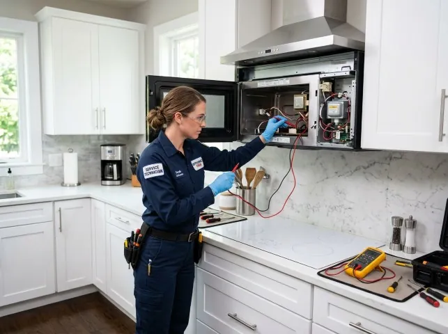 Appliance Repair Hero technician testing an over-the-range microwave in a Barboursville, VA kitchen